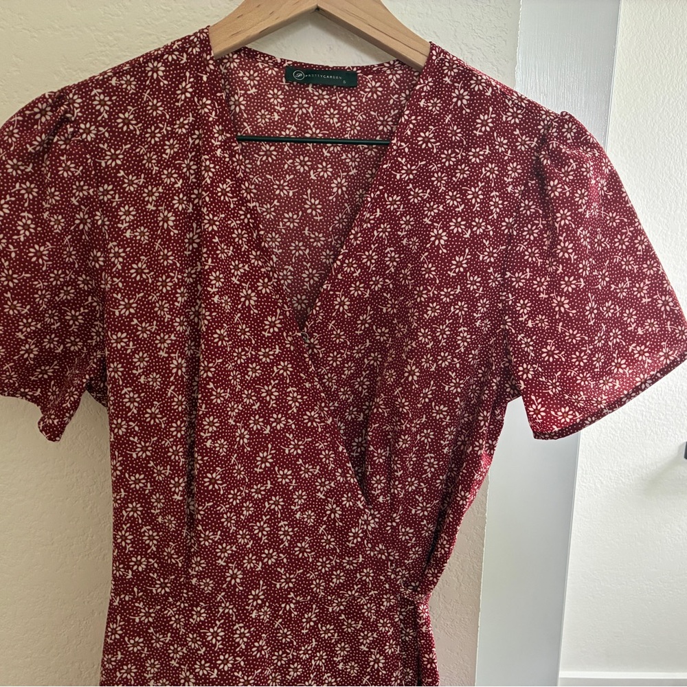 Pretty Garden Red Floral Maxi Wrap Dress - Brick Red- Small - Picture 3 of 5